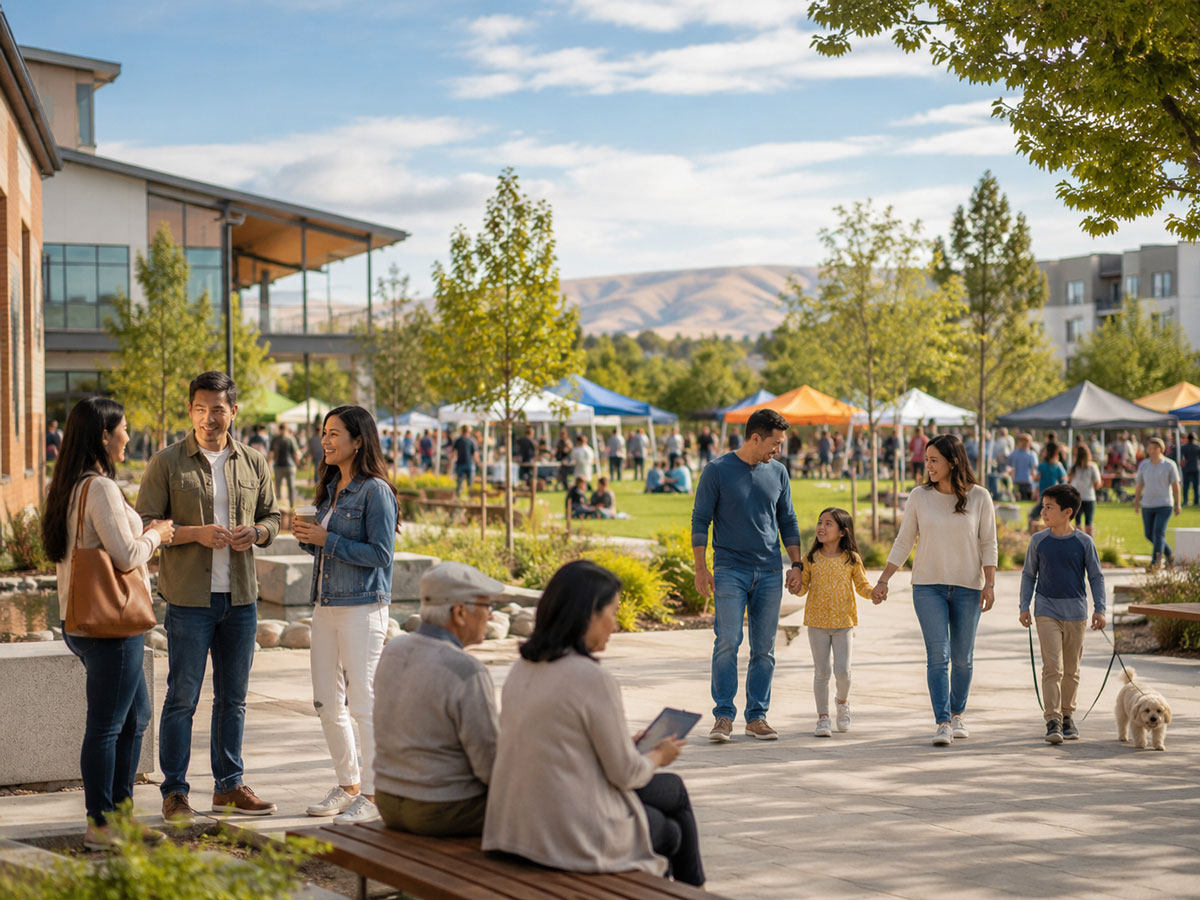 People chatting on a paved outdoor courtyard while a family walks their dog past event tents and a green park field under a bright sky.
