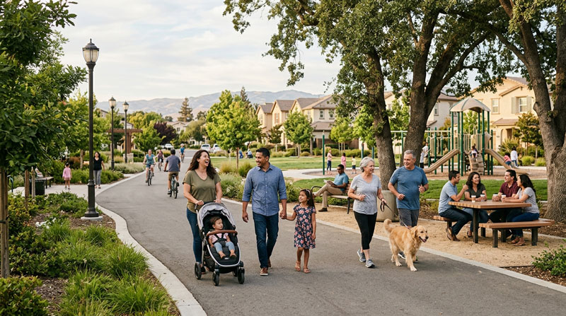 Families and residents strolling with a stroller and a dog along a paved pathway in a suburban neighborhood park with a playground.