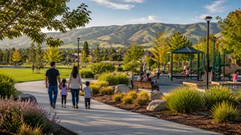 A family holding hands while walking on a paved pathway past a playground structures and grassy park field with hills in the background.