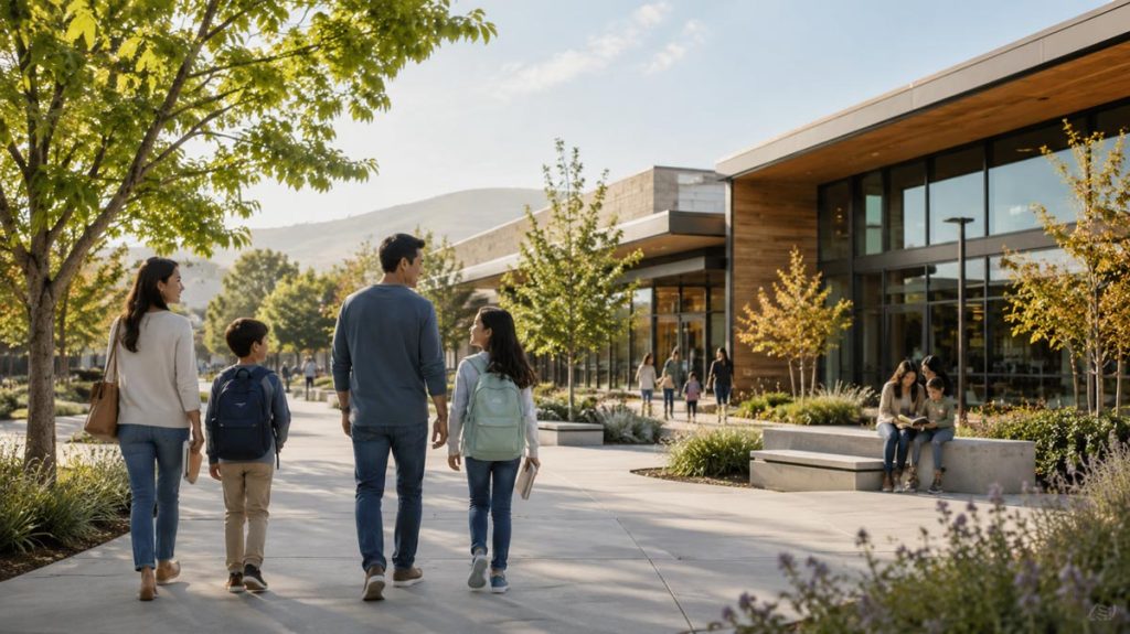 A family with two children wearing backpacks walking along a paved courtyard toward a modern glass-and-wood school building.
