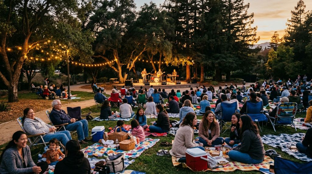 Residents enjoying live music at an outdoor community event in Milpitas