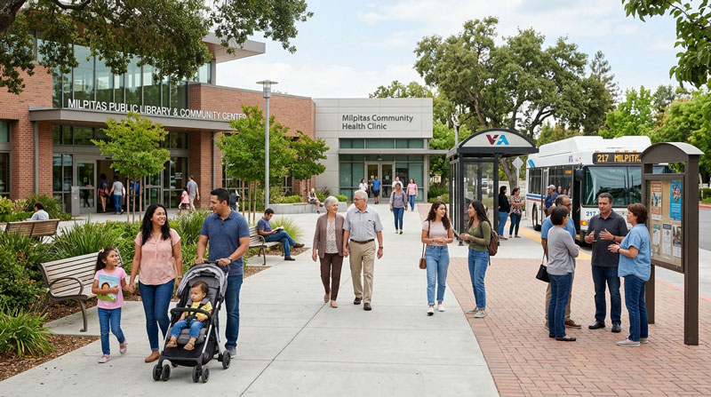 Pedestrians and a family with a stroller walking along a paved plaza outside the Milpitas Public Library and Community Health Clinic near a bus stop.