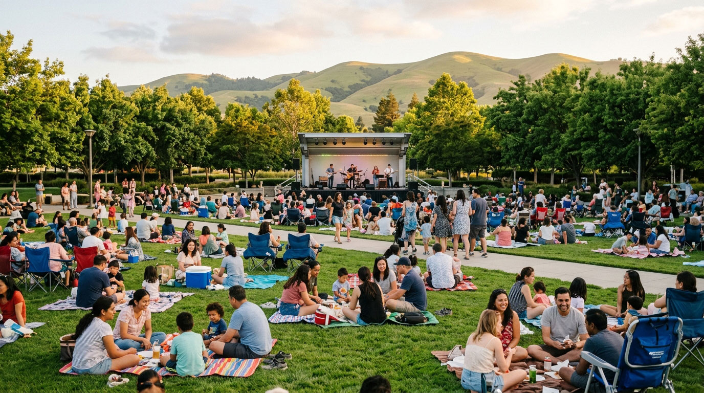 Picnic setup with chairs and blankets for a summer concert in Milpitas