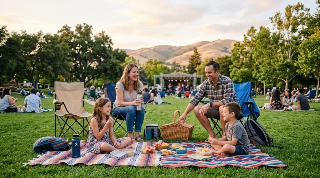Picnic setup with chairs and blankets for a summer concert in Milpitas