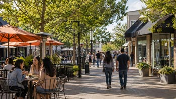 People walking along a paved, tree-lined downtown shopping street past outdoor patio dining tables with orange umbrellas and store fronts.
