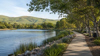A paved walking trail running along a calm lake with lush green trees casting shadows, backed by rolling green hills under a bright sky.