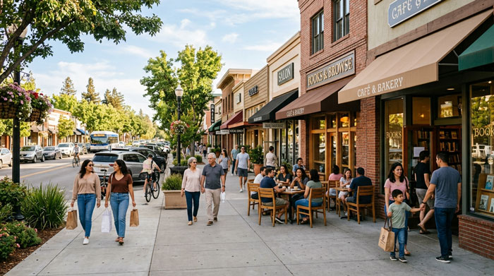 Pedestrians with shopping bags walking along a wide concrete sidewalk past brick storefronts, a bookstore, and outdoor cafe dining.